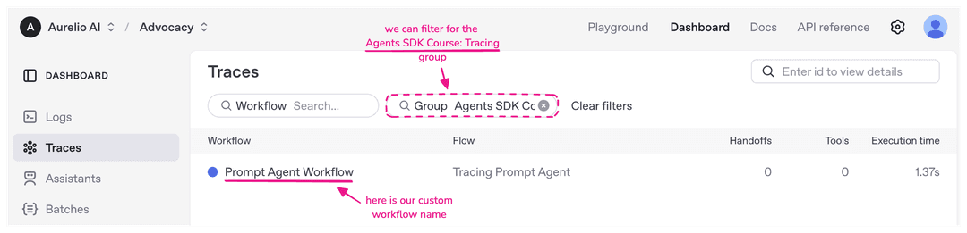 Filtering by the group field to find our new prompt agent workflow trace