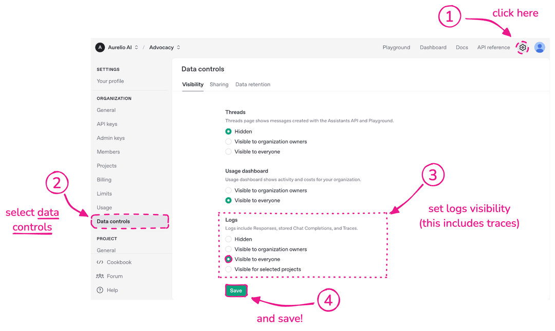 Visual steps showing how to set traces visibility for an organization in the OpenAI Platform
