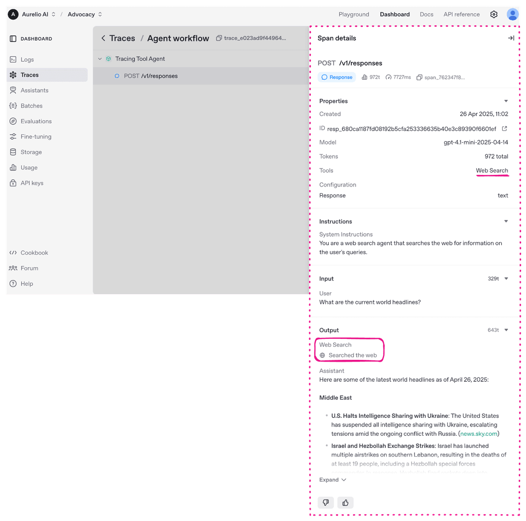 Default span details including tool use information