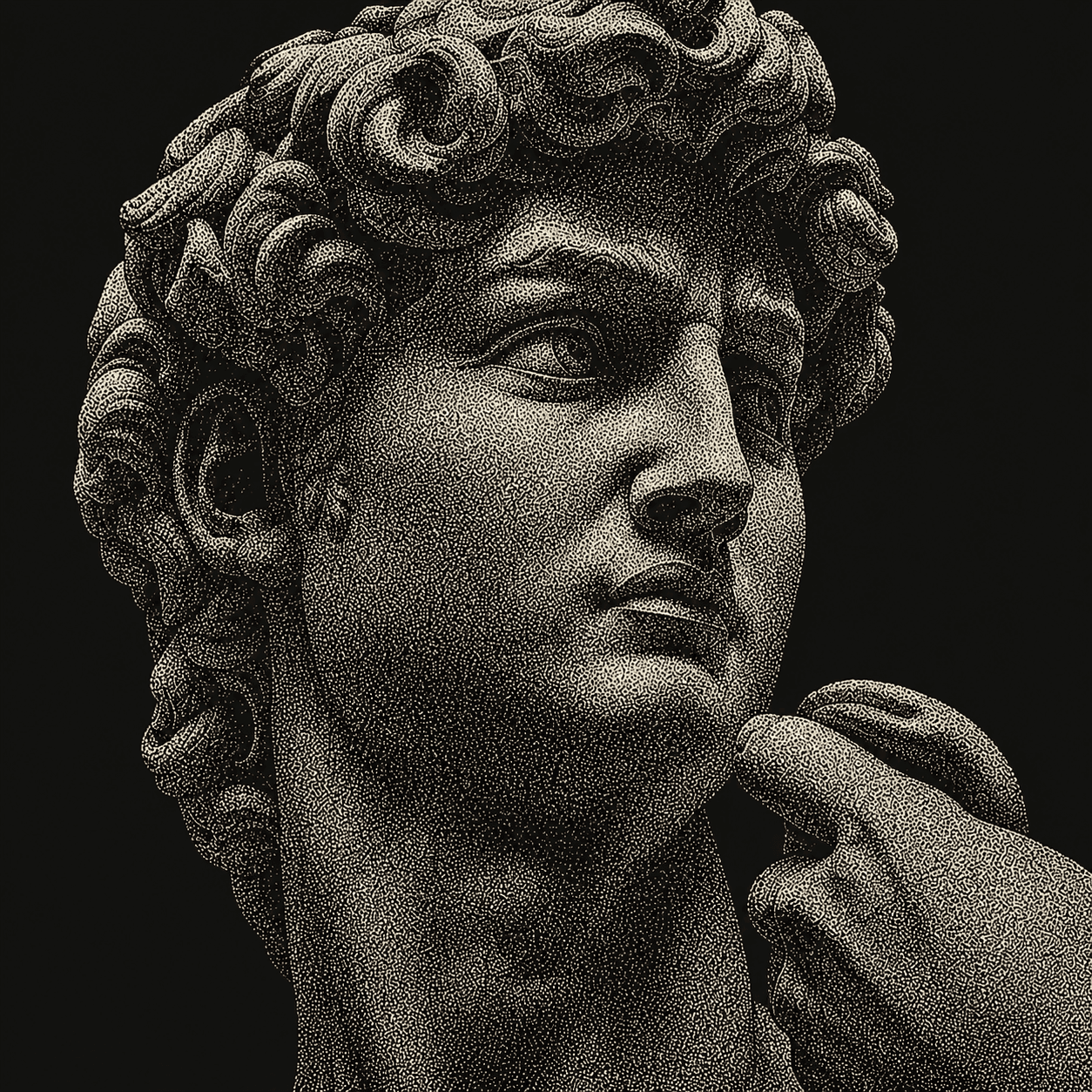 Stipple engraving of the head of David