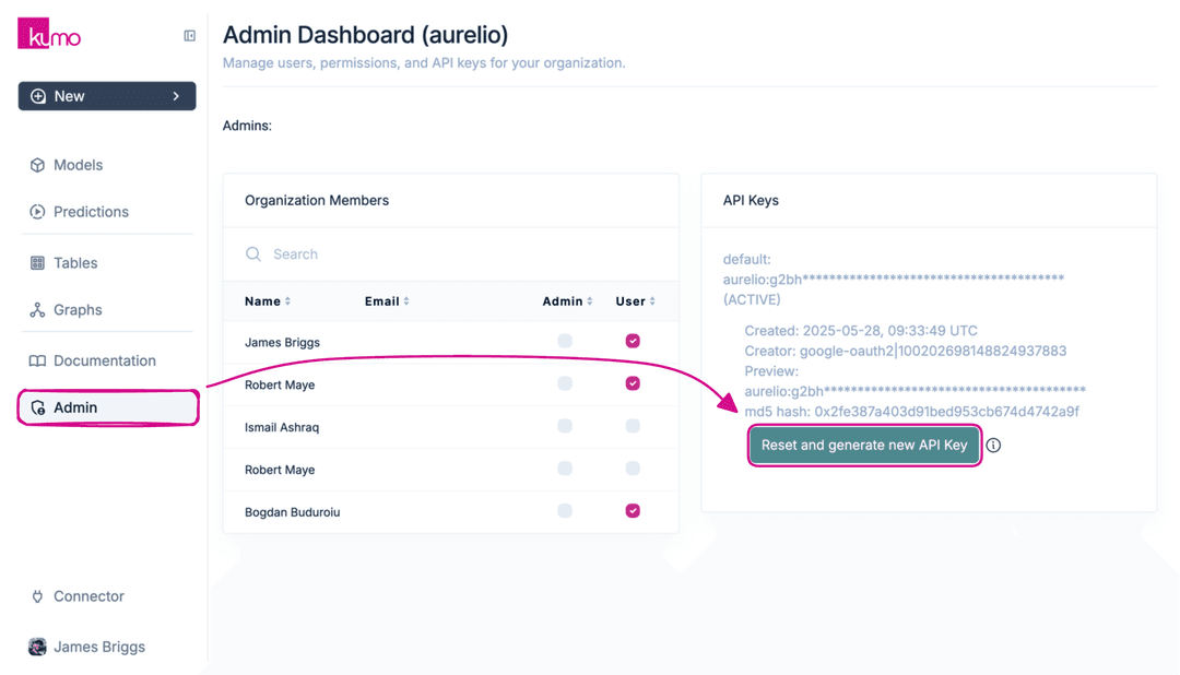 Kumo AI dashboard API keys section